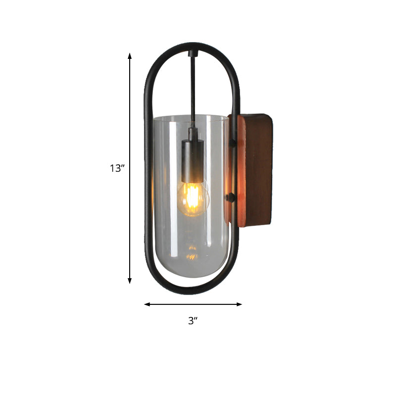 Black Cylinder Sconce Lighting Industrial 1 Light Clear/Amber Glass Wall Mount Light Fixture Clearhalo 'Cast Iron' 'Glass' 'Industrial' 'Modern wall lights' 'Modern' 'Tiffany' 'Traditional wall lights' 'Wall Lamps & Sconces' 'Wall Lights' Lighting' 137538