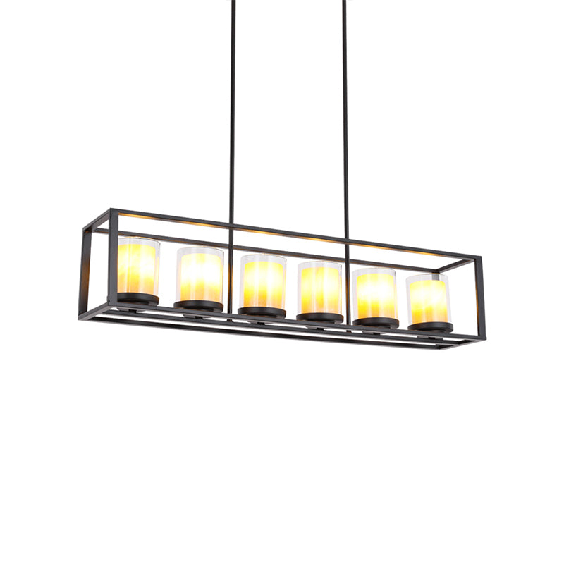 Amber Cylinder Island Light Fixture Industrial Clear Glass and Marble 3/5/6-Bulb Kitchen Hanging Lamp with Rectangle Frame Clearhalo 'Ceiling Lights' 'Glass shade' 'Glass' 'Island Lights' Lighting' 137556