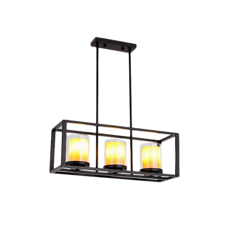 Amber Cylinder Island Light Fixture Industrial Clear Glass and Marble 3/5/6-Bulb Kitchen Hanging Lamp with Rectangle Frame Clearhalo 'Ceiling Lights' 'Glass shade' 'Glass' 'Island Lights' Lighting' 137563