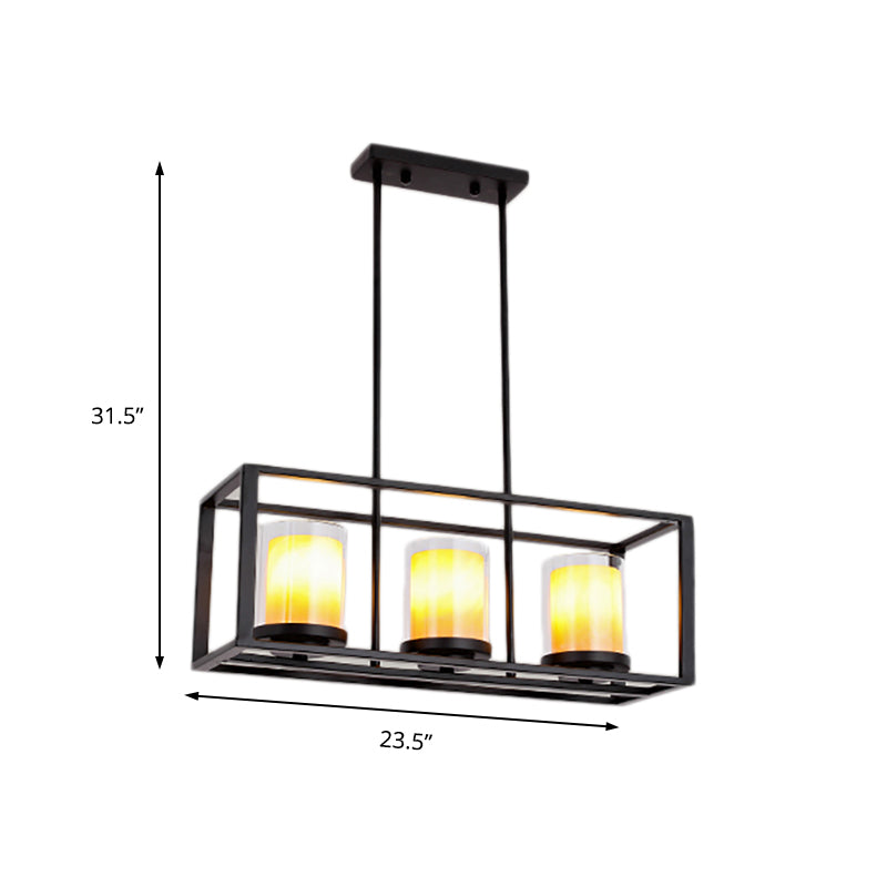 Amber Cylinder Island Light Fixture Industrial Clear Glass and Marble 3/5/6-Bulb Kitchen Hanging Lamp with Rectangle Frame Clearhalo 'Ceiling Lights' 'Glass shade' 'Glass' 'Island Lights' Lighting' 137564