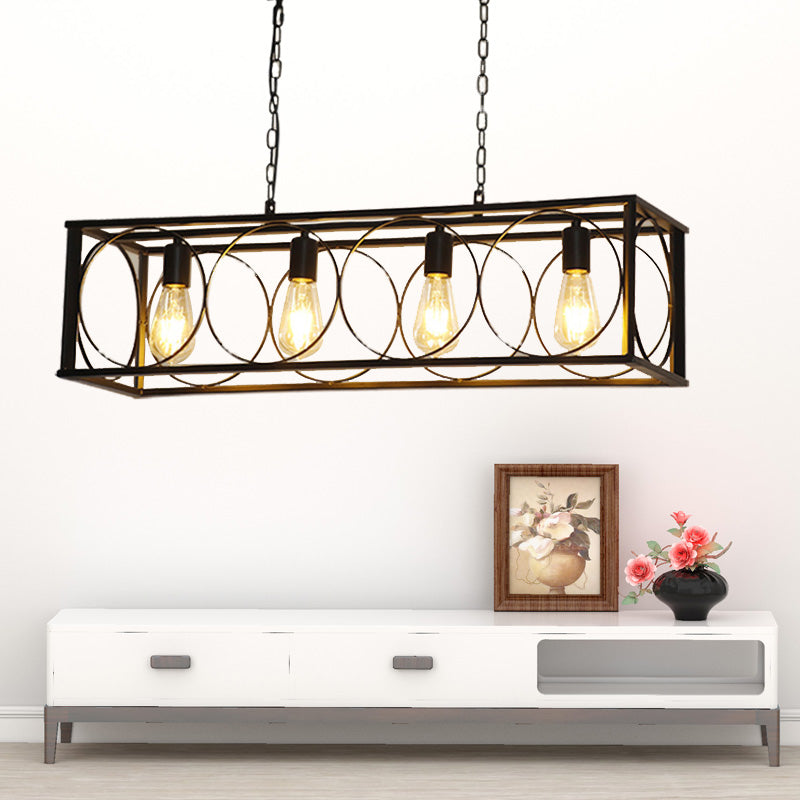 Black Rectangle Suspension Light with Cage Shade Retro Industrial Metal 4 Lights Restaurant Island Lamp Black Clearhalo 'Ceiling Lights' 'Island Lights' Lighting' 137583