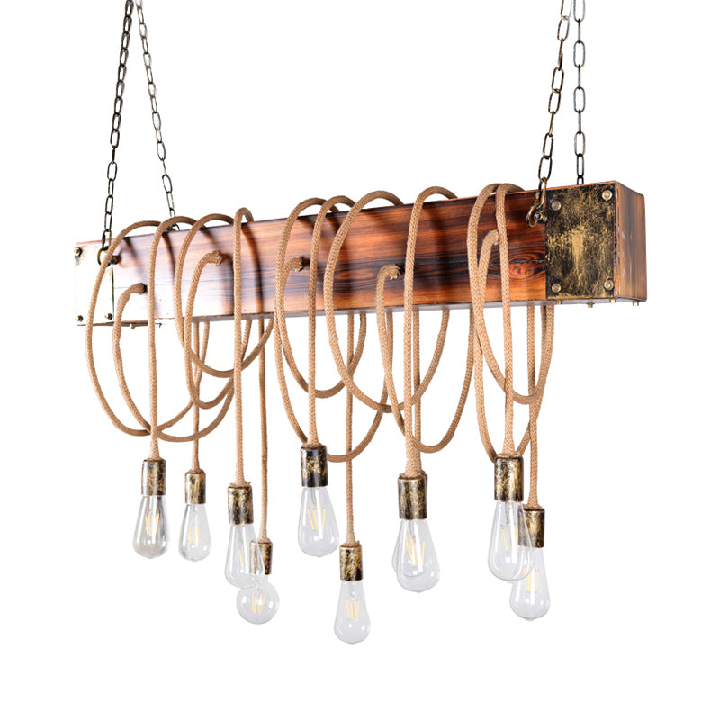 Multi Light Suspension Light Lodge Bare Bulb Metal Island Lighting with Wooden Beam and Cord/Rope in Black/Antique Brass Clearhalo 'Ceiling Lights' 'Island Lights' Lighting' 137605