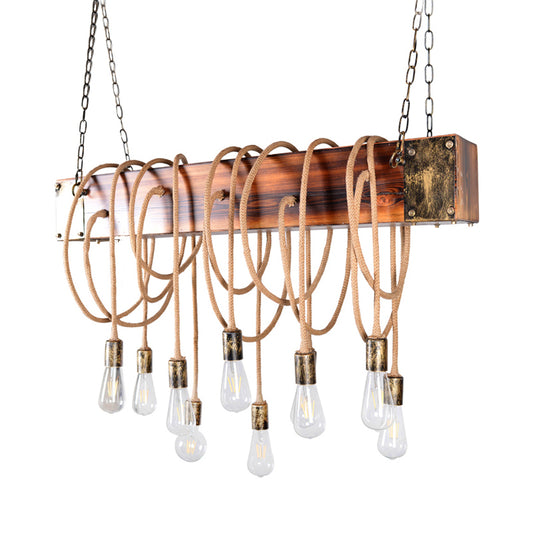 Multi Light Suspension Light Lodge Bare Bulb Metal Island Lighting with Wooden Beam and Cord/Rope in Black/Antique Brass Clearhalo 'Ceiling Lights' 'Island Lights' Lighting' 137605