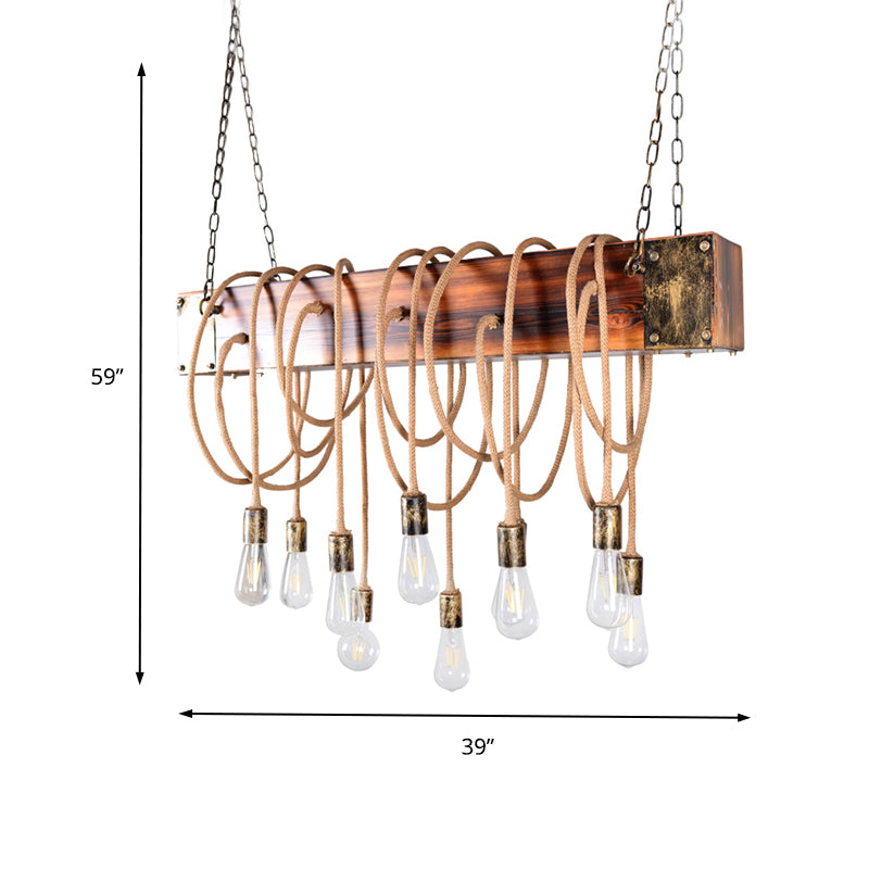 Multi Light Suspension Light Lodge Bare Bulb Metal Island Lighting with Wooden Beam and Cord/Rope in Black/Antique Brass Clearhalo 'Ceiling Lights' 'Island Lights' Lighting' 137606