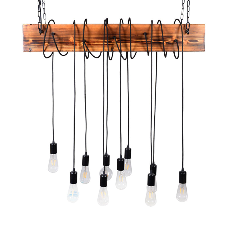 Multi Light Suspension Light Lodge Bare Bulb Metal Island Lighting with Wooden Beam and Cord/Rope in Black/Antique Brass Clearhalo 'Ceiling Lights' 'Island Lights' Lighting' 137609