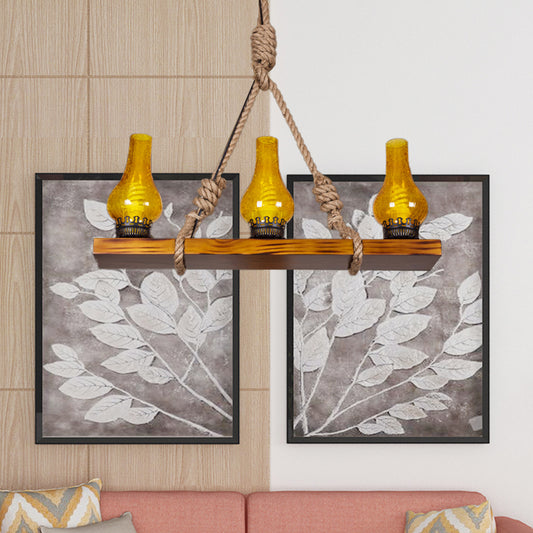 Wooden Linear Island Light Rustic Loft 3 Lights Living Room Pendant Lamp with Yellow Cracked Glass Shade and Rope Cord Yellow Clearhalo 'Ceiling Lights' 'Close To Ceiling Lights' 'Glass shade' 'Glass' 'Island Lights' Lighting' 137662
