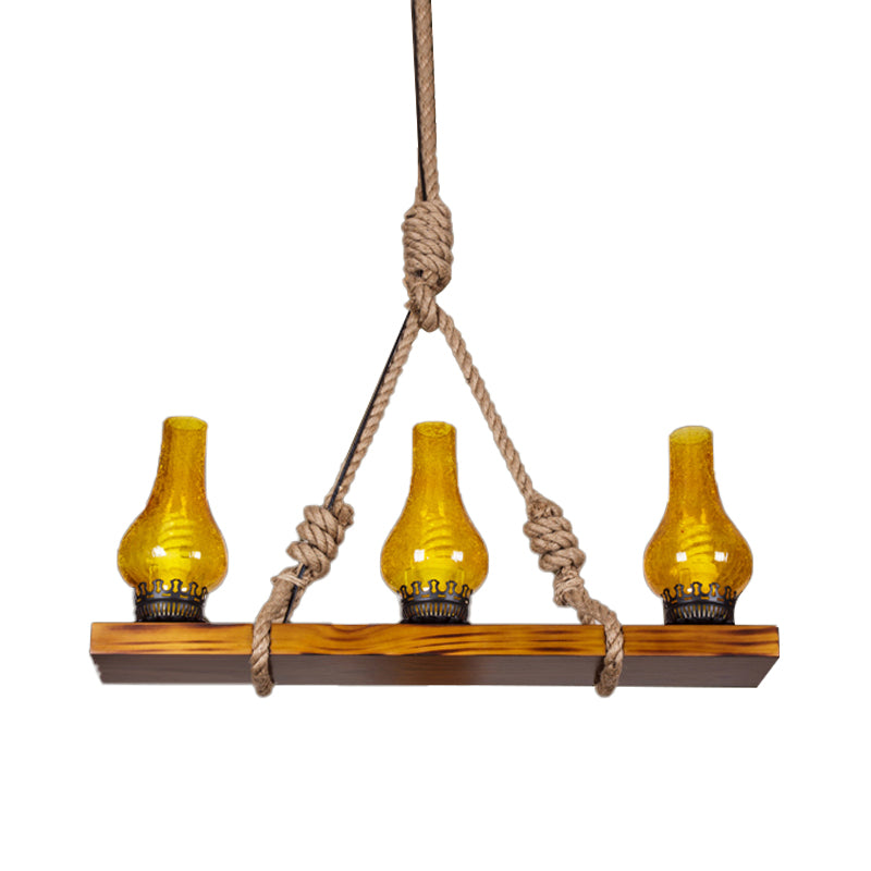 Wooden Linear Island Light Rustic Loft 3 Lights Living Room Pendant Lamp with Yellow Cracked Glass Shade and Rope Cord Clearhalo 'Ceiling Lights' 'Close To Ceiling Lights' 'Glass shade' 'Glass' 'Island Lights' Lighting' 137664
