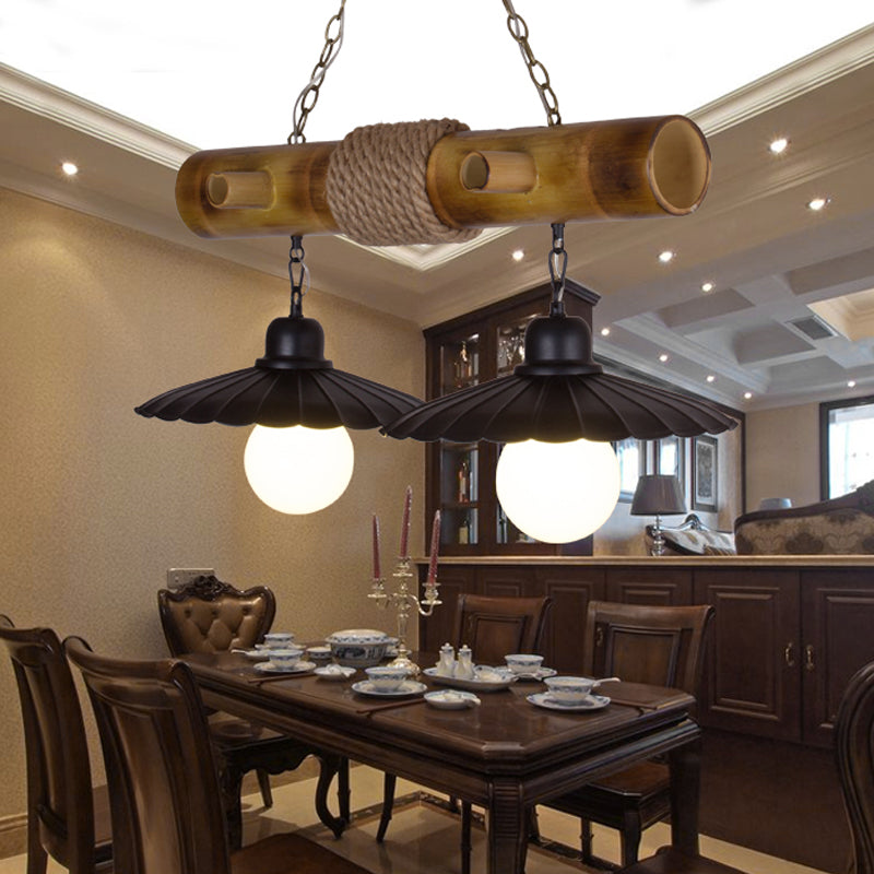 2 Heads Scalloped Hanging Lamp Countryside Black Rope and Bamboo Island Lighting for Dining Room Black Clearhalo 'Ceiling Lights' 'Island Lights' Lighting' 137678