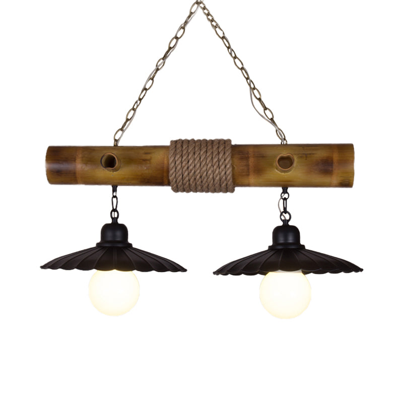 2 Heads Scalloped Hanging Lamp Countryside Black Rope and Bamboo Island Lighting for Dining Room Clearhalo 'Ceiling Lights' 'Island Lights' Lighting' 137680