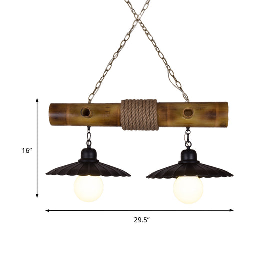 2 Heads Scalloped Hanging Lamp Countryside Black Rope and Bamboo Island Lighting for Dining Room Clearhalo 'Ceiling Lights' 'Island Lights' Lighting' 137681