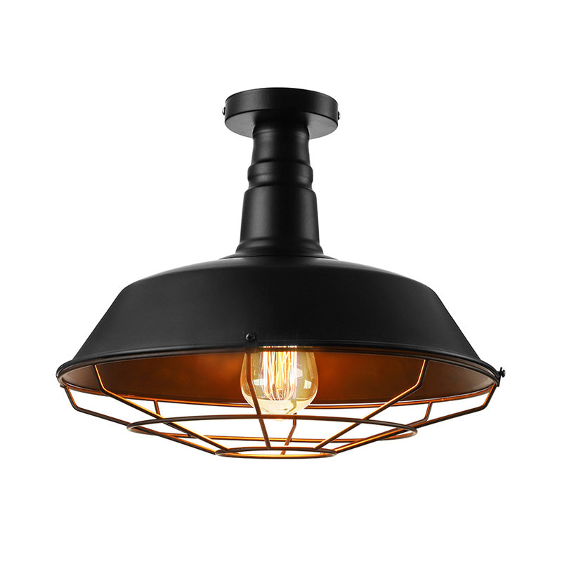 Black Cage Ceiling Light Vintage Style Metal 1 Head Indoor Semi Flush Mount Lighting with Barn Shade, 10"/14"/18" W Clearhalo 'Ceiling Lights' 'Close To Ceiling Lights' 'Close to ceiling' 'Semi-flushmount' Lighting' 137729