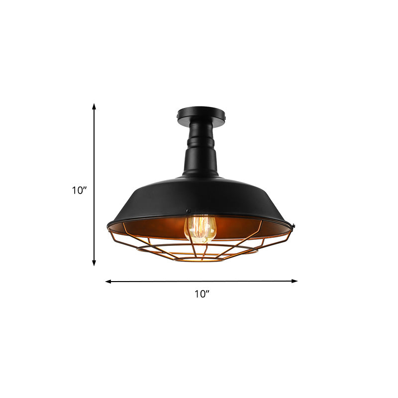 Black Cage Ceiling Light Vintage Style Metal 1 Head Indoor Semi Flush Mount Lighting with Barn Shade, 10"/14"/18" W Clearhalo 'Ceiling Lights' 'Close To Ceiling Lights' 'Close to ceiling' 'Semi-flushmount' Lighting' 137730