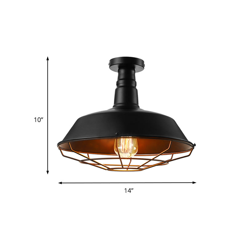 Black Cage Ceiling Light Vintage Style Metal 1 Head Indoor Semi Flush Mount Lighting with Barn Shade, 10"/14"/18" W Clearhalo 'Ceiling Lights' 'Close To Ceiling Lights' 'Close to ceiling' 'Semi-flushmount' Lighting' 137732