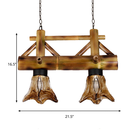 Flared Pendant Light Bamboo Lodge 2 Heads Island Lighting with Amber Glass Shade Clearhalo 'Ceiling Lights' 'Close To Ceiling Lights' 'Glass shade' 'Glass' 'Island Lights' Lighting' 137775
