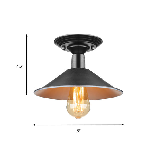 1 Head Metal Ceiling Light Fixture Farmhouse Style Black Conic Shade Balcony Semi Flush Mount Lighting Clearhalo 'Ceiling Lights' 'Close To Ceiling Lights' 'Close to ceiling' 'Semi-flushmount' Lighting' 137794