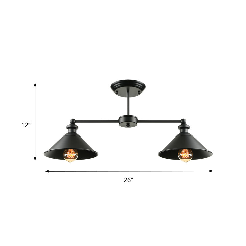 Double Conic Metallic Semi Flush Mount Light Industrial 2 Lights Dining Table Ceiling Lighting in Black Clearhalo 'Ceiling Lights' 'Close To Ceiling Lights' 'Close to ceiling' 'Semi-flushmount' Lighting' 137846