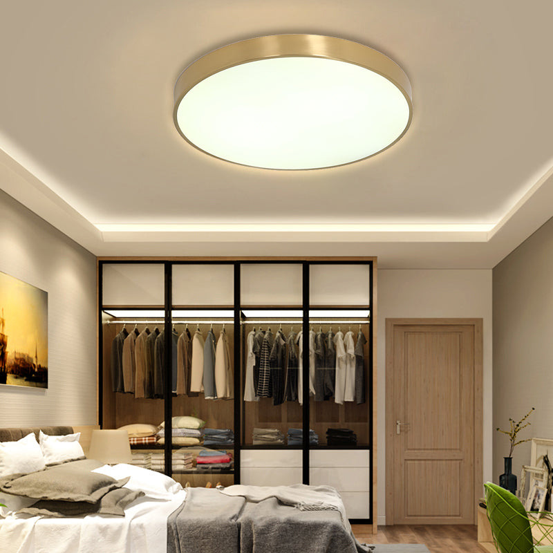 12"/16"/19.5" Dia Ultra Thin Drum Ceiling Flush Modern Brass LED Bedroom Flush Mount Light with Acrylic Diffuser in Warm/White Brass Clearhalo 'Ceiling Lights' 'Close To Ceiling Lights' 'Close to ceiling' 'Flush mount' Lighting' 137958