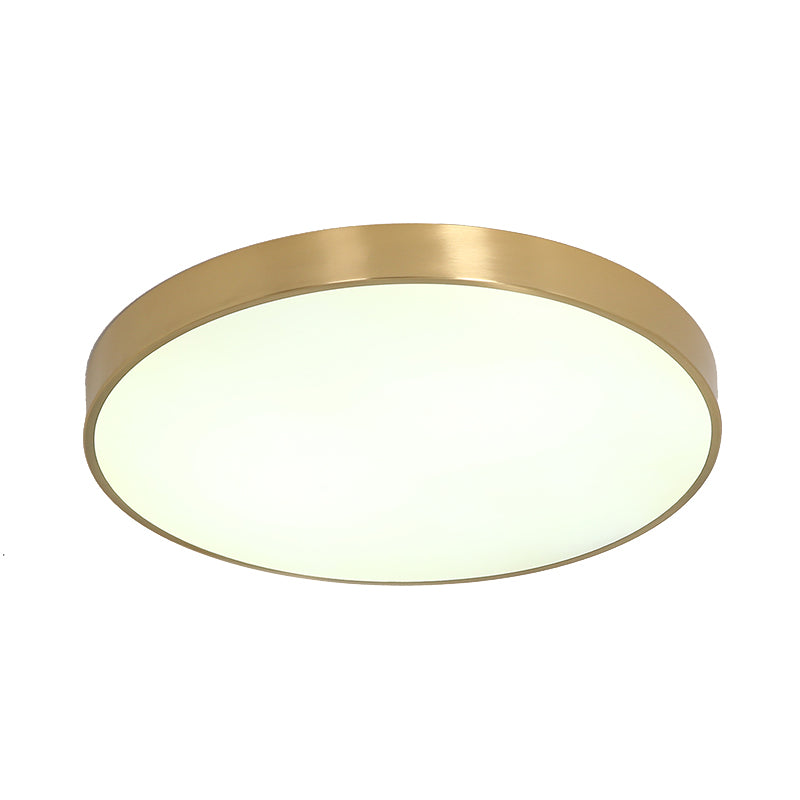 12"/16"/19.5" Dia Ultra Thin Drum Ceiling Flush Modern Brass LED Bedroom Flush Mount Light with Acrylic Diffuser in Warm/White Clearhalo 'Ceiling Lights' 'Close To Ceiling Lights' 'Close to ceiling' 'Flush mount' Lighting' 137959