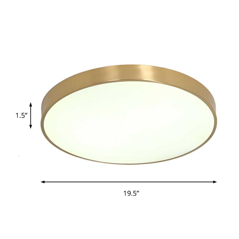 12"/16"/19.5" Dia Ultra Thin Drum Ceiling Flush Modern Brass LED Bedroom Flush Mount Light with Acrylic Diffuser in Warm/White Clearhalo 'Ceiling Lights' 'Close To Ceiling Lights' 'Close to ceiling' 'Flush mount' Lighting' 137961