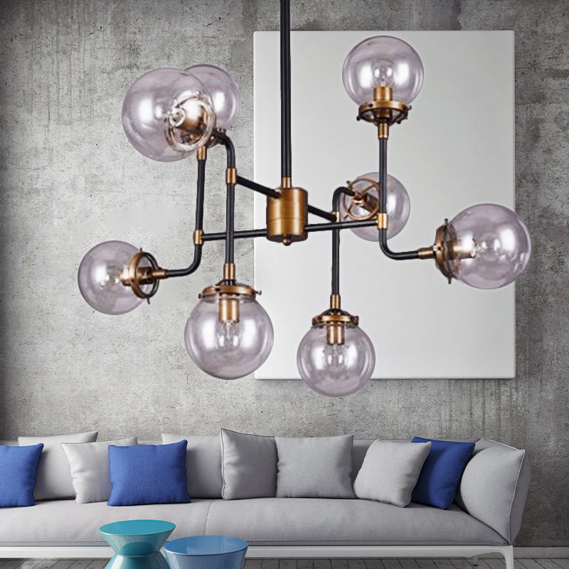 Black/Chrome/Clear Glass Globe Hanging Chandelier Industrial 8/9-Light Living Room Pendant Light 8 Black Clearhalo 'Ceiling Lights' 'Chandeliers' 'Clear' 'Close To Ceiling Lights' 'Glass shade' 'Glass' 'Industrial Chandeliers' 'Industrial' 'Middle Century Chandeliers' 'Modern' 'Tiffany' 'Traditional Chandeliers' Lighting' 137970