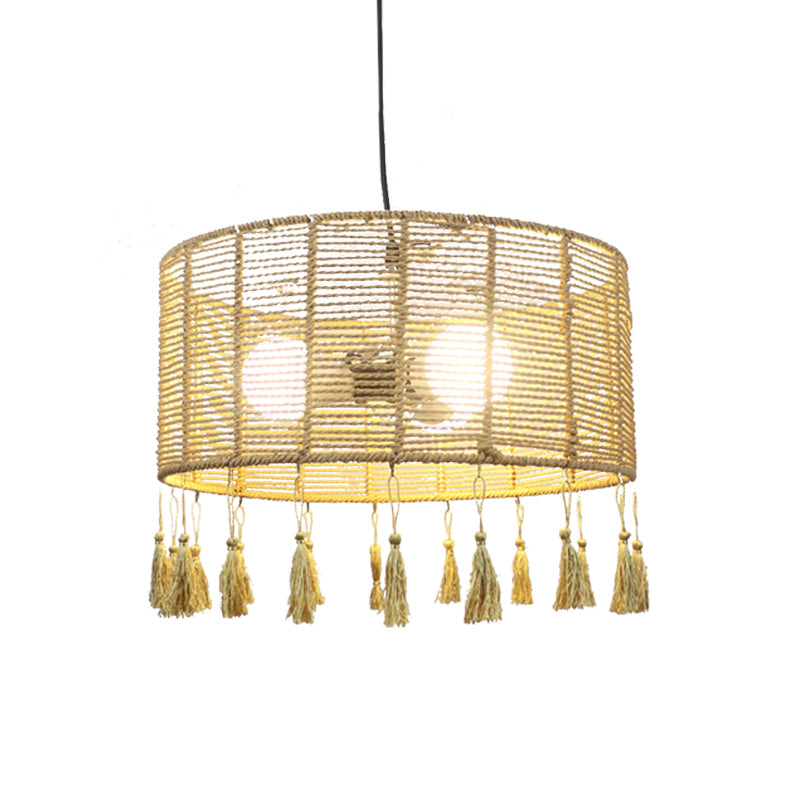 12"/16" Wide Drum Shade Pendant Lamp Modernist Style Rattan 1/3-Light Beige Hanging Lighting with Tassel Clearhalo 'Ceiling Lights' 'Pendant Lights' 'Pendants' Lighting' 138027