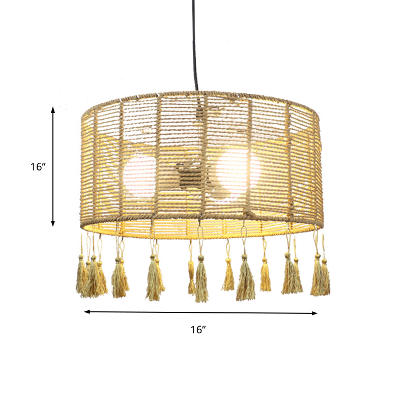 12"/16" Wide Drum Shade Pendant Lamp Modernist Style Rattan 1/3-Light Beige Hanging Lighting with Tassel Clearhalo 'Ceiling Lights' 'Pendant Lights' 'Pendants' Lighting' 138028