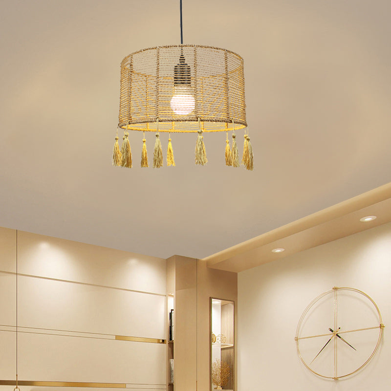 12"/16" Wide Drum Shade Pendant Lamp Modernist Style Rattan 1/3-Light Beige Hanging Lighting with Tassel Clearhalo 'Ceiling Lights' 'Pendant Lights' 'Pendants' Lighting' 138029