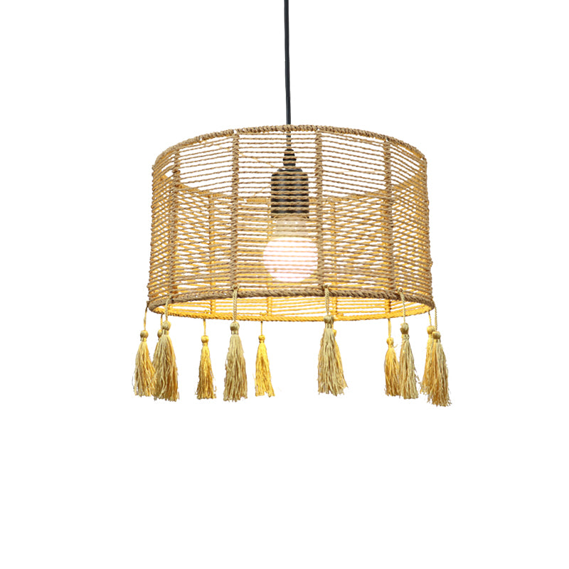 12"/16" Wide Drum Shade Pendant Lamp Modernist Style Rattan 1/3-Light Beige Hanging Lighting with Tassel Clearhalo 'Ceiling Lights' 'Pendant Lights' 'Pendants' Lighting' 138030