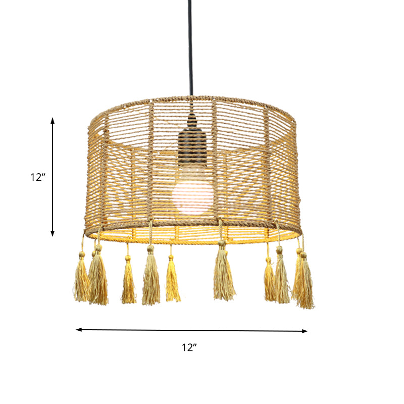 12"/16" Wide Drum Shade Pendant Lamp Modernist Style Rattan 1/3-Light Beige Hanging Lighting with Tassel Clearhalo 'Ceiling Lights' 'Pendant Lights' 'Pendants' Lighting' 138031