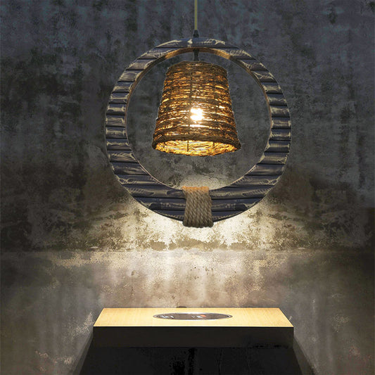 Rattan Conical Hanging Light Modern Style 1 Head Brown Pendant Lamp with Wooden Vertical Ring Brown Clearhalo 'Ceiling Lights' 'Modern Pendants' 'Modern' 'Pendant Lights' 'Pendants' Lighting' 138037