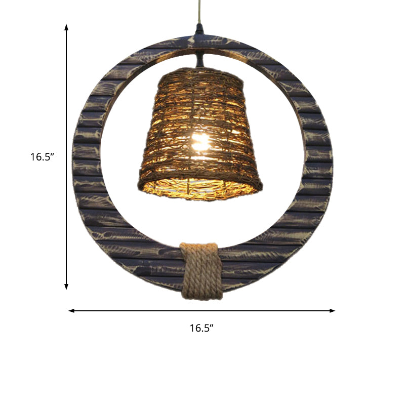 Rattan Conical Hanging Light Modern Style 1 Head Brown Pendant Lamp with Wooden Vertical Ring Clearhalo 'Ceiling Lights' 'Modern Pendants' 'Modern' 'Pendant Lights' 'Pendants' Lighting' 138040