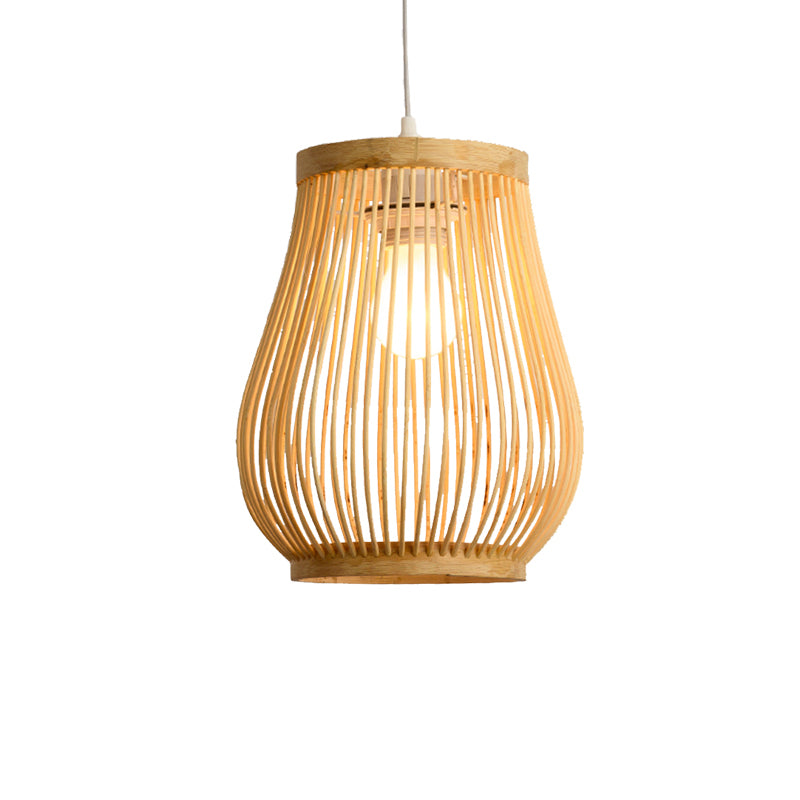 Bamboo Woven Shade Pendant Ceiling Light Asian Style 1 Bulb Beige Hanging Lamp, 7"/8" Wide Clearhalo 'Ceiling Lights' 'Pendant Lights' 'Pendants' Lighting' 138059