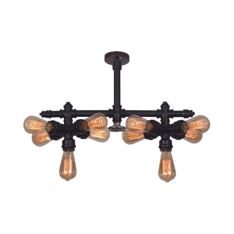 Steampunk Open Bulb Semi Flush Light with Pipe 10-Light Metallic Ceiling Light Fixture in Black for Living Room Clearhalo 'Ceiling Lights' 'Close To Ceiling Lights' 'Close to ceiling' 'Semi-flushmount' Lighting' 138068