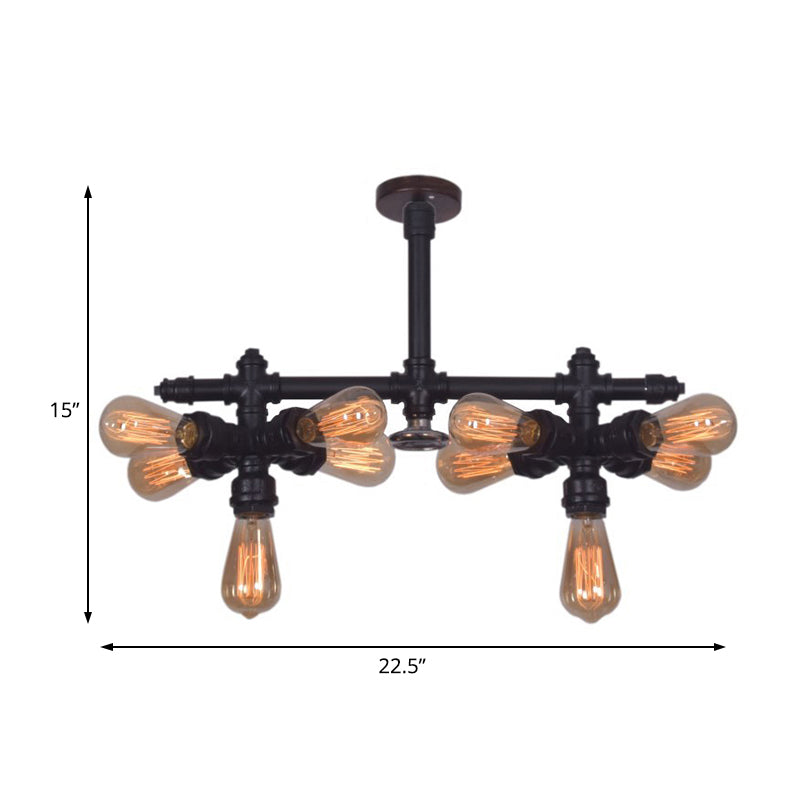 Steampunk Open Bulb Semi Flush Light with Pipe 10-Light Metallic Ceiling Light Fixture in Black for Living Room Clearhalo 'Ceiling Lights' 'Close To Ceiling Lights' 'Close to ceiling' 'Semi-flushmount' Lighting' 138069