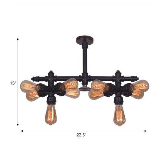 Steampunk Open Bulb Semi Flush Light with Pipe 10-Light Metallic Ceiling Light Fixture in Black for Living Room Clearhalo 'Ceiling Lights' 'Close To Ceiling Lights' 'Close to ceiling' 'Semi-flushmount' Lighting' 138069