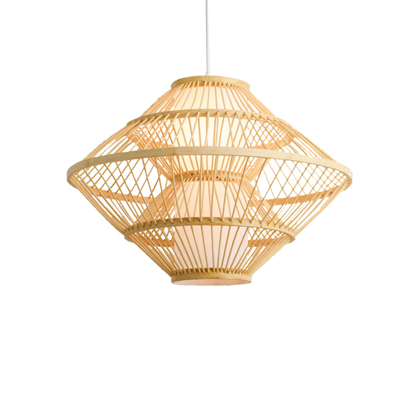 16"/19.5" W Weaving Pendant Lamp Asian Style Bamboo 1 Light Beige Hanging Light Fixture for Living Room Clearhalo 'Ceiling Lights' 'Pendant Lights' 'Pendants' Lighting' 138089