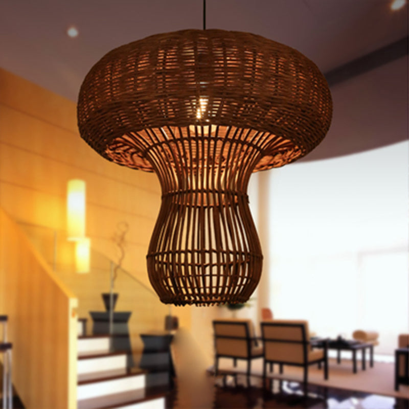 1 Light Hallway Hanging Light with Mushroom Rattan Shade Asian Style Brown/Beige Pendant Lighting Clearhalo 'Ceiling Lights' 'Pendant Lights' 'Pendants' Lighting' 138128