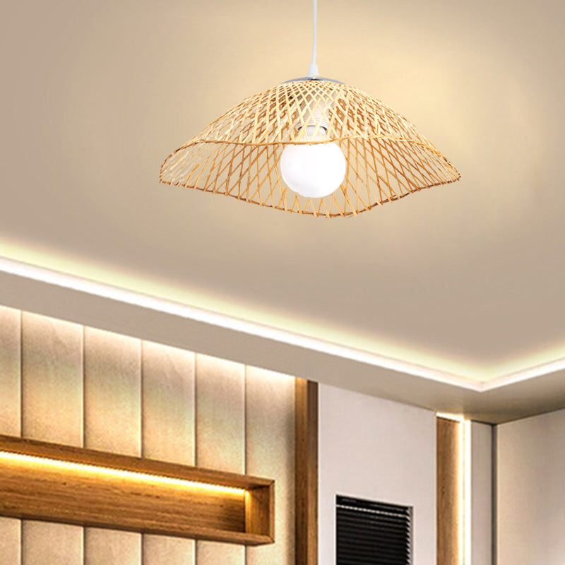 Hand-Knitted Bamboo Pendant Light with Dome Shade Asian Style 1 Head Beige Hanging Lamp for Living Room, 14"/18" W Clearhalo 'Ceiling Lights' 'Pendant Lights' 'Pendants' Lighting' 138156