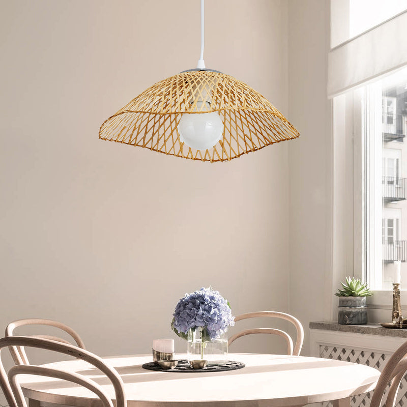 Hand-Knitted Bamboo Pendant Light with Dome Shade Asian Style 1 Head Beige Hanging Lamp for Living Room, 14"/18" W Clearhalo 'Ceiling Lights' 'Pendant Lights' 'Pendants' Lighting' 138157