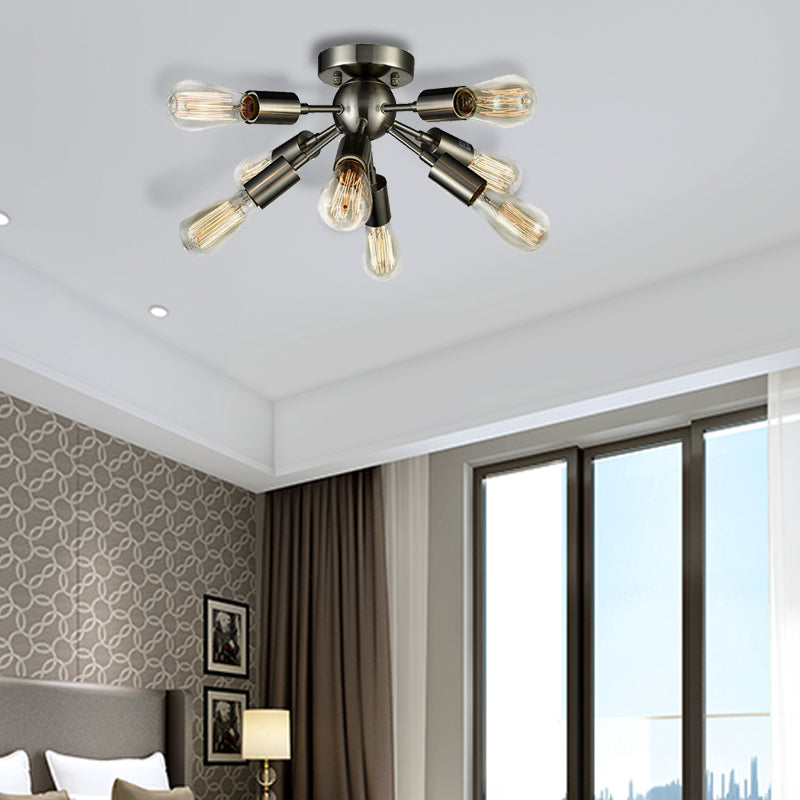 Brass/Nickel Finish Sputnik Ceiling Lighting Vintage Style Metal Multi Light Bedroom Semi Flush Light with Open Bulb Nickel Clearhalo 'Ceiling Lights' 'Close To Ceiling Lights' 'Close to ceiling' 'Semi-flushmount' Lighting' 138187