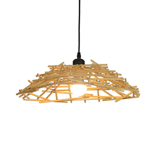 13"/18" Wide Wood Bird Nest Suspension Pendant Light Japanese 1 Bulb Bamboo Hanging Lamp for Bedroom Dining Room Clearhalo 'Ceiling Lights' 'Modern Pendants' 'Modern' 'Pendant Lights' 'Pendants' Lighting' 138202