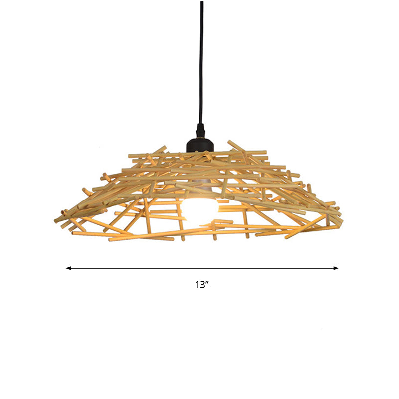 13"/18" Wide Wood Bird Nest Suspension Pendant Light Japanese 1 Bulb Bamboo Hanging Lamp for Bedroom Dining Room Clearhalo 'Ceiling Lights' 'Modern Pendants' 'Modern' 'Pendant Lights' 'Pendants' Lighting' 138203