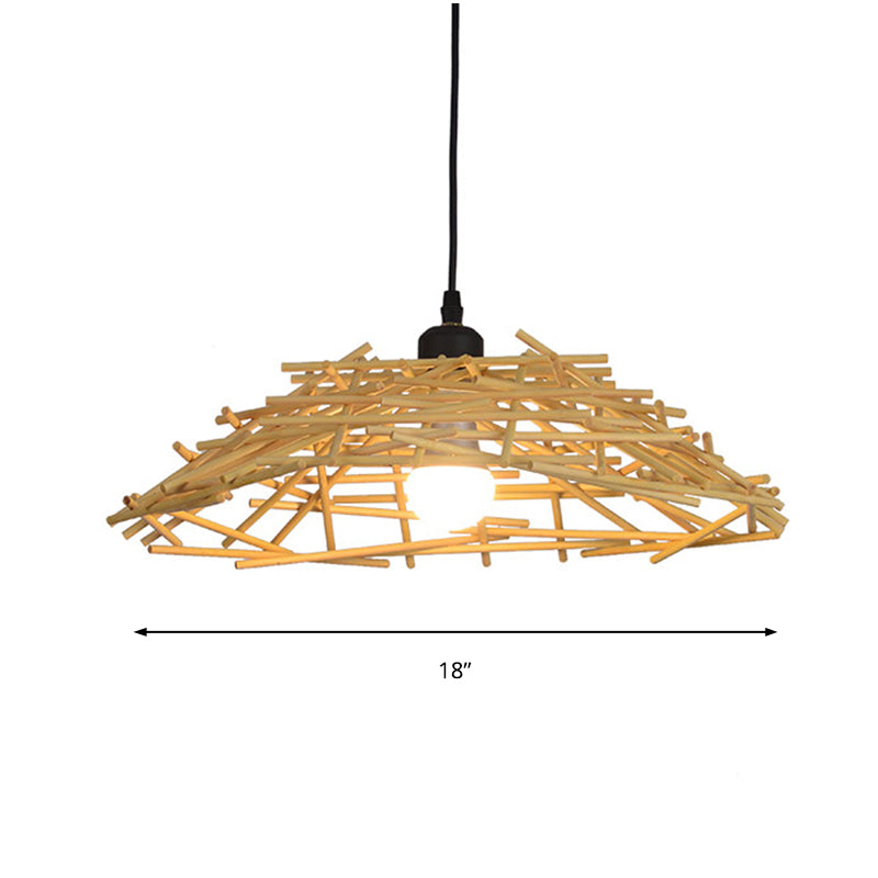 13"/18" Wide Wood Bird Nest Suspension Pendant Light Japanese 1 Bulb Bamboo Hanging Lamp for Bedroom Dining Room Clearhalo 'Ceiling Lights' 'Modern Pendants' 'Modern' 'Pendant Lights' 'Pendants' Lighting' 138204