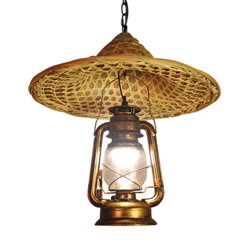 Metal Lantern Shade Hanging Light Country Style 12"/23.5" W 1 Bulb Beige Pendant Lighting with Rattan Hat Design Clearhalo 'Ceiling Lights' 'Modern Pendants' 'Modern' 'Pendant Lights' 'Pendants' Lighting' 138207