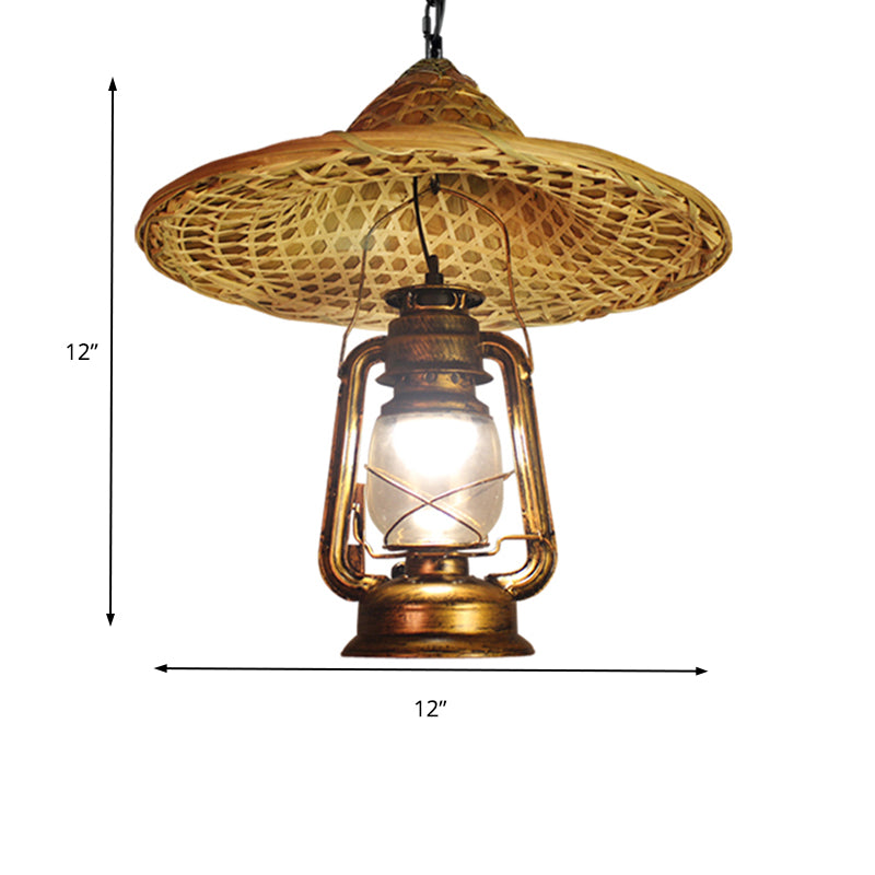 Metal Lantern Shade Hanging Light Country Style 12"/23.5" W 1 Bulb Beige Pendant Lighting with Rattan Hat Design Clearhalo 'Ceiling Lights' 'Modern Pendants' 'Modern' 'Pendant Lights' 'Pendants' Lighting' 138208