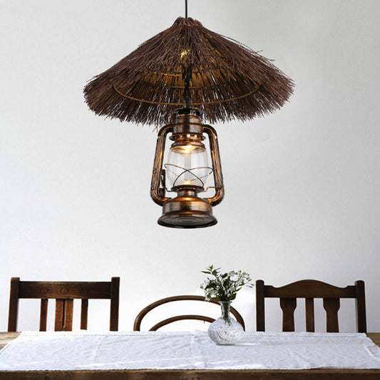 Hand-Woven Rattan Pendant Light Lodge Style 1 Light Brown Hanging Lamp with Lantern Shade for Dining Room Brown Clearhalo 'Ceiling Lights' 'Modern Pendants' 'Modern' 'Pendant Lights' 'Pendants' Lighting' 138209