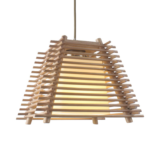 Wood Trapezoid Suspension Pendant Japanese 1-Light Wooden Hanging Light with White Glass Shade for Bedroom Clearhalo 'Ceiling Lights' 'Modern Pendants' 'Modern' 'Pendant Lights' 'Pendants' Lighting' 138215