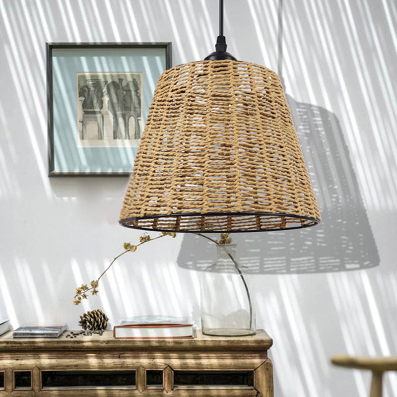 Bucket Hanging Light Fixture Modern Woven Rattan 1-Light Indoor Pendant Lamp in Beige Beige Clearhalo 'Ceiling Lights' 'Pendant Lights' 'Pendants' Lighting' 138262_f1d8c077-758c-4db4-9bd0-a6c7af9ff989