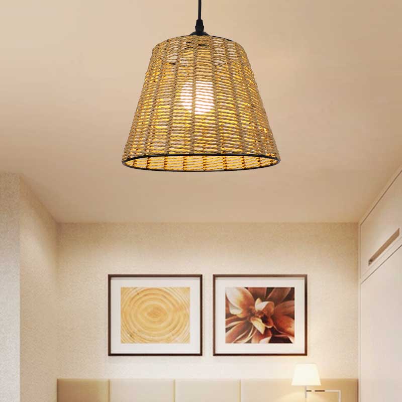 Bucket Hanging Light Fixture Modern Woven Rattan 1-Light Indoor Pendant Lamp in Beige Clearhalo 'Ceiling Lights' 'Pendant Lights' 'Pendants' Lighting' 138263