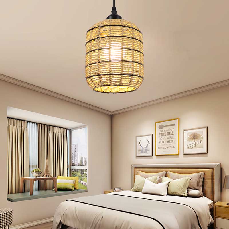 Lantern Suspension Pendant Asian Woven Rattan Single Light Beige Pendant Lamp for Bedroom Clearhalo 'Ceiling Lights' 'Pendant Lights' 'Pendants' Lighting' 138272